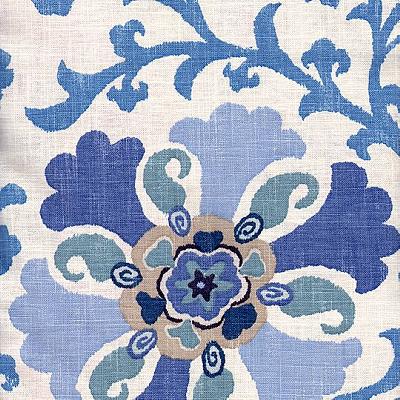 Kast Morocco Blues in Bon Voyage Blue Drapery-Upholstery Linen  Blend Floral Medallion  Ikat  Fabric