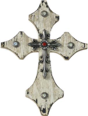 HomeMax Imports Cream Wood Cross with Silver and Red Accents 