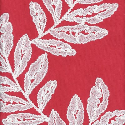 Heritage Fabrics Bimini Watermelon Red Cotton  Blend Crewel and Embroidered Leaves and Trees Floral Embroidery fabric by the yard.