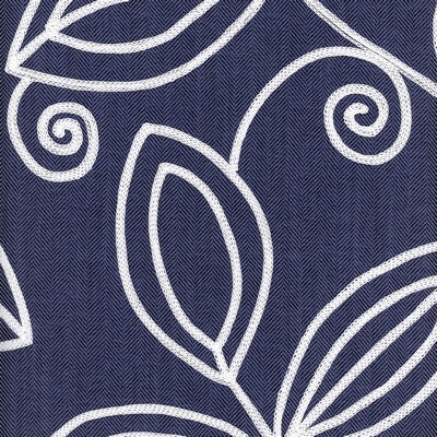 Heritage Fabrics Botanique Indigo Blue Polyester Crewel and Embroidered Leaves and Trees Floral Embroidery fabric by the yard.