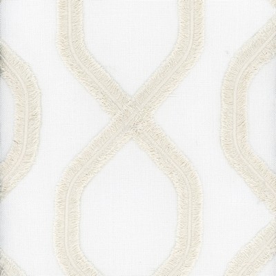 Heritage Fabrics Carrington Cream Beige Polyester Crewel and Embroidered Diamond Ogee fabric by the yard.