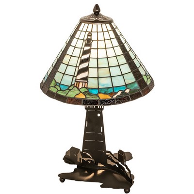 Meyda Tiffany 22.5in High Lighthouse Double Lit Table Lamp IVORY;BLUE;CHOCOLATE;WHITE;Black Metal Finish