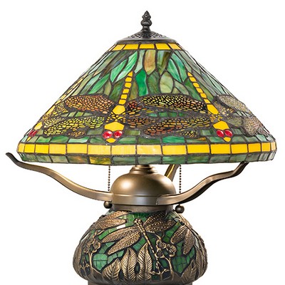 Meyda Tiffany 16in High Tiffany Dragonfly Table Lamp RUBY;CORAL;SUNFLOWER;GREEN