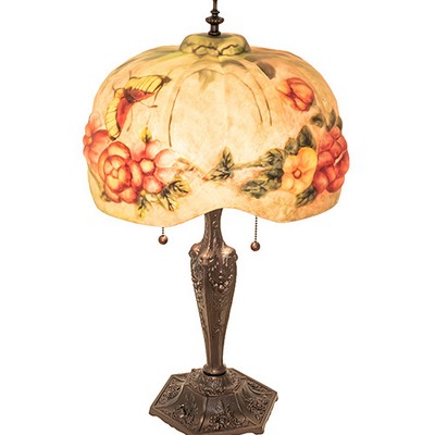 Meyda Tiffany 25in High Puffy Butterfly & Flowers Table Lamp RUBY;CORAL;SUNFLOWER;GREEN;BEIGE