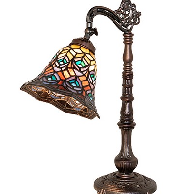 Meyda Tiffany 20in High Tiffany Peacock Feather Bridge Arm Table Lamp RUBY