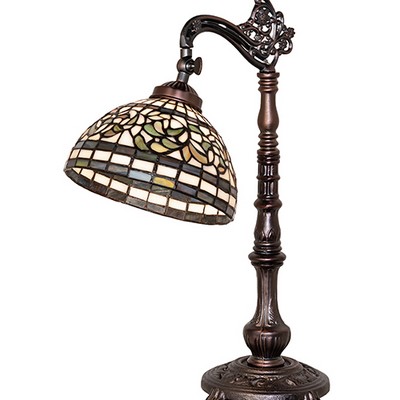 Meyda Tiffany 20in High Tiffany Turning Leaf Bridge Arm Table Lamp GREEN;BLUE