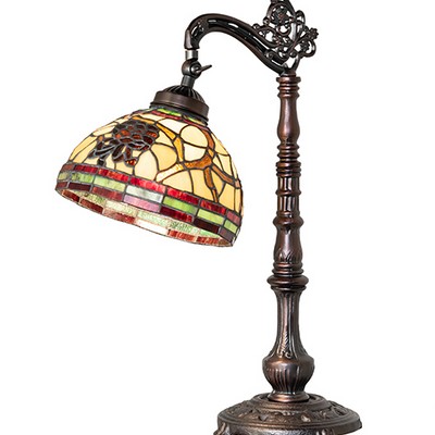Meyda Tiffany 20in High Pinecone Bridge Arm Table Lamp RUBY;GREEN;CHOCOLATE;BEIGE