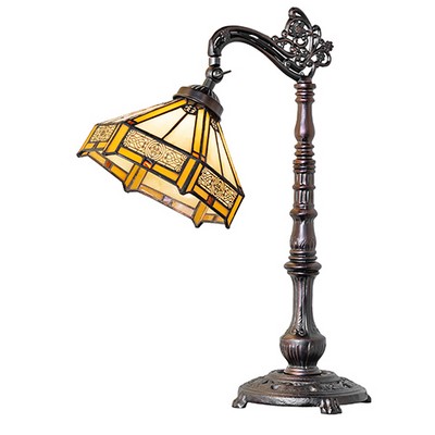 Meyda Tiffany 20in High Peaches Bridge Arm Table Lamp AMBER GLASS/ACRYLIC;BEIGE