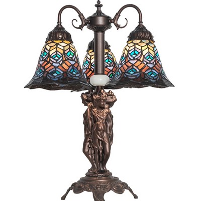 Meyda Tiffany 23in High Tiffany Peacock Feather 3 Light Table Lamp CRANBERRY;GREEN;BLUE