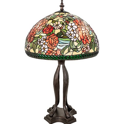 Meyda Tiffany 33in High Romance Rose Table Lamp CRANBERRY;GREEN;BEIGE