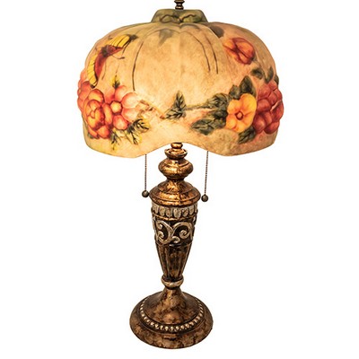 Meyda Tiffany 27in High Puffy Butterfly & Flowers Table Lamp RUBY;CORAL;SUNFLOWER;GREEN;BEIGE