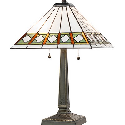 Meyda Tiffany 22in High Diamond Band Mission Table Lamp AMBER GLASS/ACRYLIC;GREEN;BEIGE