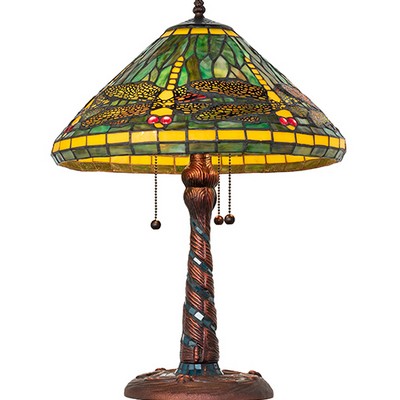 Meyda Tiffany 23in High Tiffany Dragonfly Table Lamp RUBY;CORAL;AMBER GLASS/ACRYLIC;GREEN;CHOCOLATE