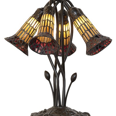 Meyda Tiffany 16in High Stained Glass Pond Lily 5 Light Table Lamp RUBY;AMBER GLASS/ACRYLIC