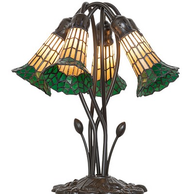 Meyda Tiffany 16in High Stained Glass Pond Lily 5 Light Table Lamp AMBER GLASS/ACRYLIC;GREEN