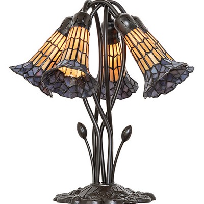 Meyda Tiffany 16in High Stained Glass Pond Lily 5 Light Table Lamp AMBER GLASS/ACRYLIC;VIOLET