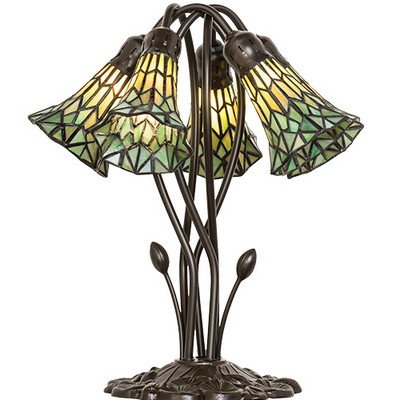 Meyda Tiffany 16in High Stained Glass Pond Lily 5 Light Table Lamp AMBER GLASS/ACRYLIC;GREEN