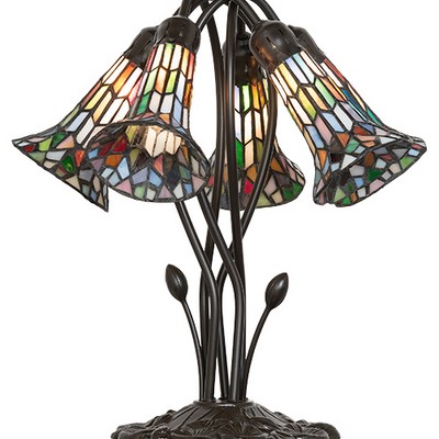 Meyda Tiffany 16in High Stained Glass Pond Lily 5 Light Table Lamp RUBY;CORAL;GREEN;BLUE;WHITE