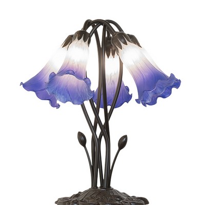 Meyda Tiffany 16in High Blue/White Tiffany Pond Lily 5 Light Table Lamp BLUE;WHITE