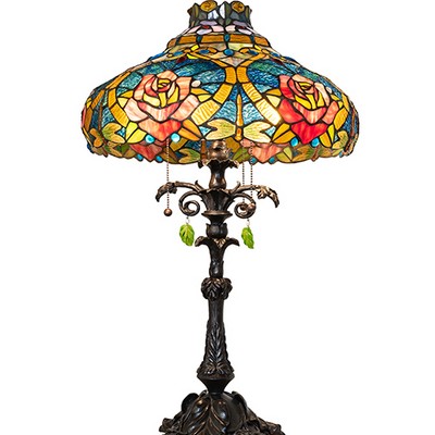 Meyda Tiffany 28in High Dragonfly Rose Table Lamp RUBY;GREEN;BLUE
