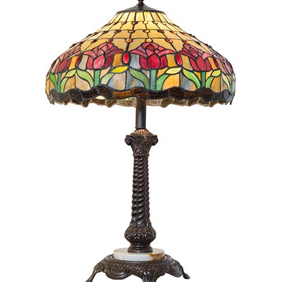 Meyda Tiffany 28in High Colonial Tulip Table Lamp RUBY;AMBER GLASS/ACRYLIC;GREEN;BEIGE