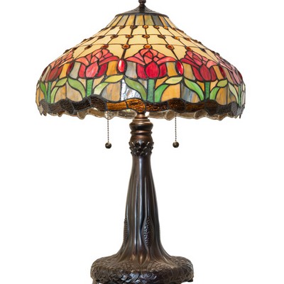 Meyda Tiffany 26in High Colonial Tulip Table Lamp RUBY;AMBER GLASS/ACRYLIC;GREEN;BEIGE