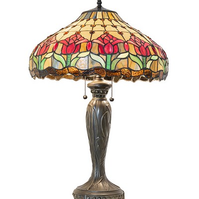 Meyda Tiffany 27in High Colonial Tulip Table Lamp RUBY;AMBER GLASS/ACRYLIC;GREEN;BEIGE