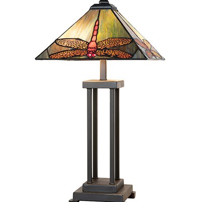 Meyda Tiffany 24in High Prairie Dragonfly Table Lamp RUBY;CORAL;AMBER GLASS/ACRYLIC;GREEN;BLUE;VIOLET