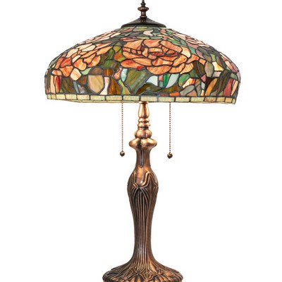 Meyda Tiffany 25in High Tiffany Peony Table Lamp RUBY;PINK;MAUVE;GREEN;CHOCOLATE
