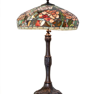Meyda Tiffany 26in High Tiffany Peony Table Lamp RUBY;PINK;MAUVE;GREEN;CHOCOLATE
