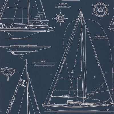 Boat Blueprint White on Dark Blue Ralph Lauren Wallpaper Boat Blueprint White on Dark Blue