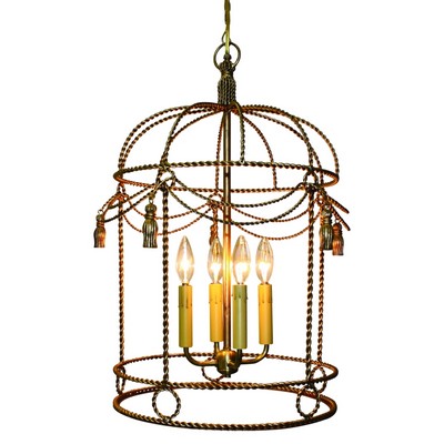Dr  Livingstone Bird Cage Four Light Chandelier with Tassel Accents Antique God Twisted Iron