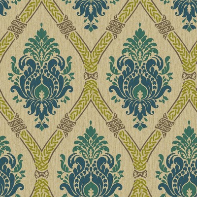 Waverly Wallpaper Global Chic Dressed Up Damask Wallpaper beige, tan, blue, teal, brown, yellow/green