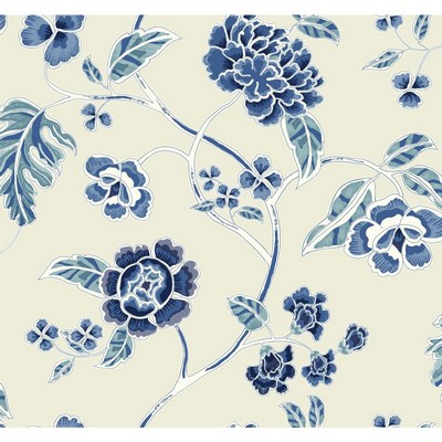 Waverly Wallpaper Global Chic Zen Garden Trail Wallpaper beige satin, dark blue, medium blue, light blue, w