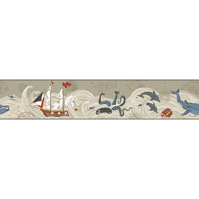 Waverly Wallpaper SHIPS AHOY!                    taupe, beige, cream, dark grey, medium blue, red, 