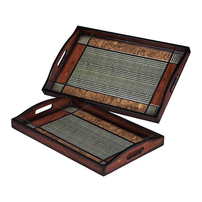 Sterling Set Of 2 Checked Trays Print set in dark gloss wood tone