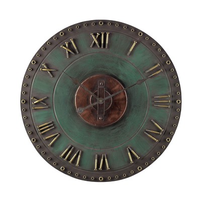 Sterling Metal Roman Numeral Outdoor Wall Clock. Marilia Verde With Gold
