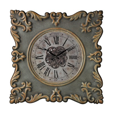 Sterling Nahant-Antique Reproduction Clock Frame With Industrial Centre Print Antique Grey With Green Wash And Gold Edging