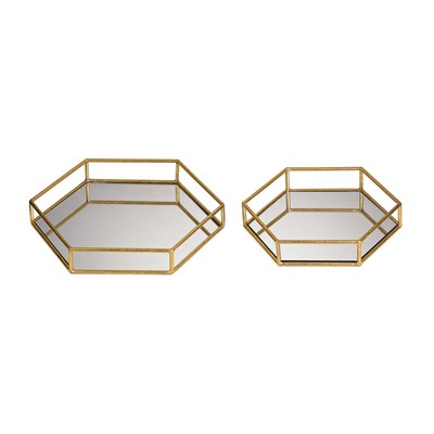 Sterling Set of 2 Mirrored Hexagonal Trays Gold