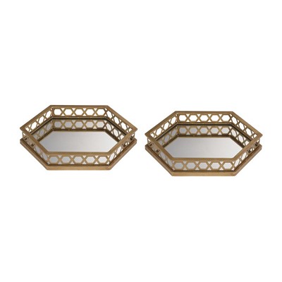 Sterling Set of 2 Ribbed Hexagonal Mirrored Trays Gold