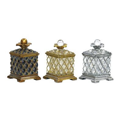 Sterling  Set Of 3 Assyrian Keepsake Boxes Clear w/silver; Gold & Black; Clear w/Gold