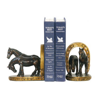 Sterling Pair Horse And Horseshoe Bookends Dark Bronze & gold