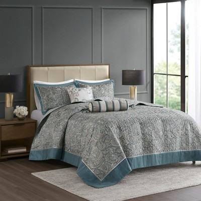 Olliix Aubrey 5 Piece Jacquard Bedspread Set with Throw Pillows Teal