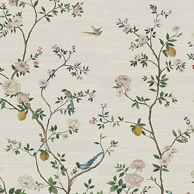 Scalamandre Wallcoverings BLOSSOM CHINOISERIE - MURAL SILVER MIST ON GRASSCLOTH