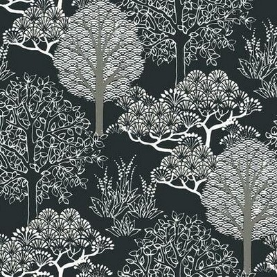 York Wallcovering Kimono Trees Wallpaper Black/Metallic