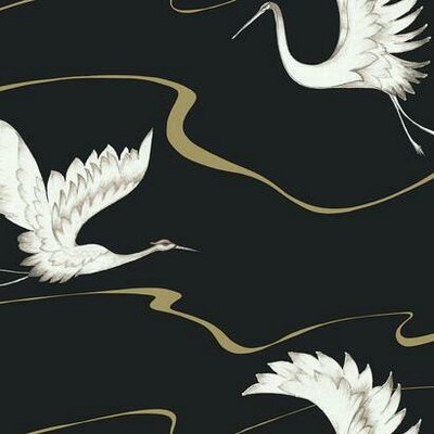 York Wallcovering Soaring Cranes Wallpaper Black/Gold