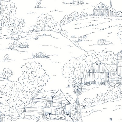 York Wallcovering Pasture Toile Wallpaper Navy/White