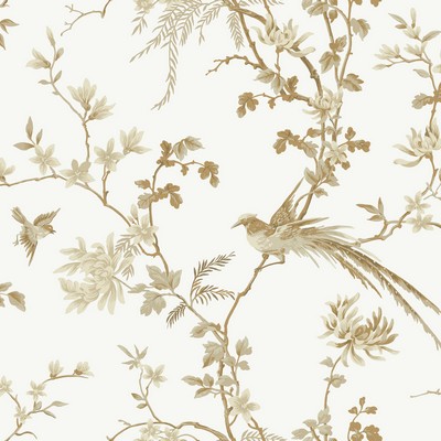York Wallcovering Bird And Blossom Chinoserie Wallpaper White/Gold