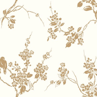 York Wallcovering Imperial Blossoms Branch Wallpaper Metallic Gold/White