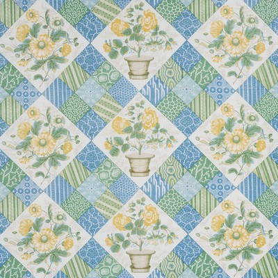 Schumacher Fabric Caldwell Patchwork Chintz Yellow and Cornflower